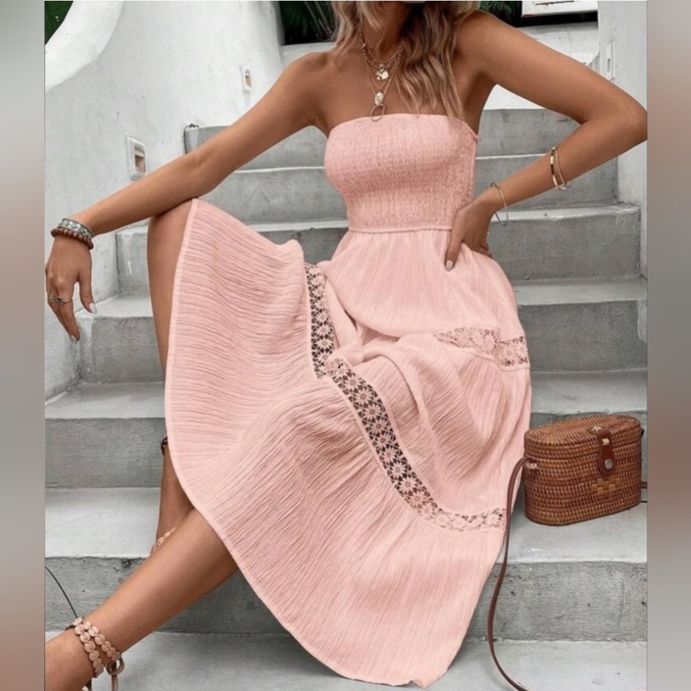 New Boho Embroidered Lace Strapless Tube Top Midi Dress Light Pink - Picture 5 of 7